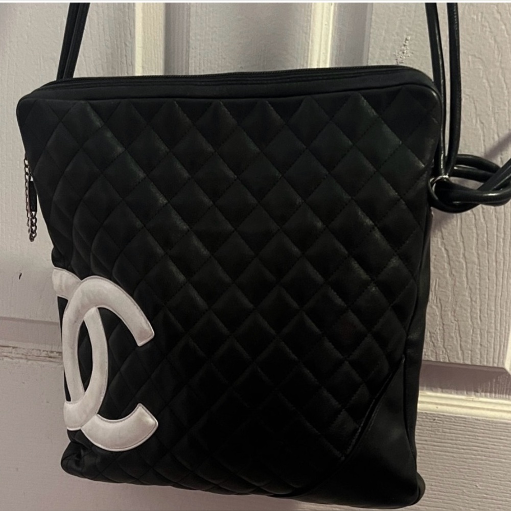 Authentic CHANEL Cambon Messenger Black and White Quilted Crossbody Bag
